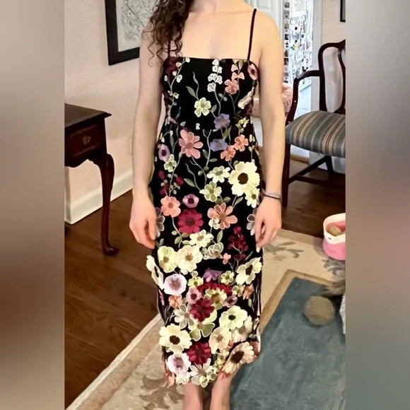 NWOT Lulus Thriving Energy Black 3D Floral Embroidered Lace-Up Midi Dress - Picture 3 of 13